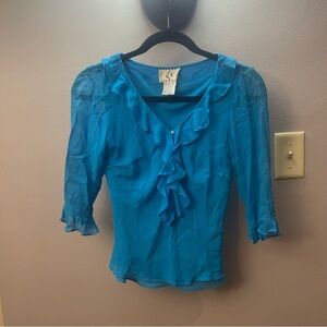 Women's Blue Ruffled Silk Top